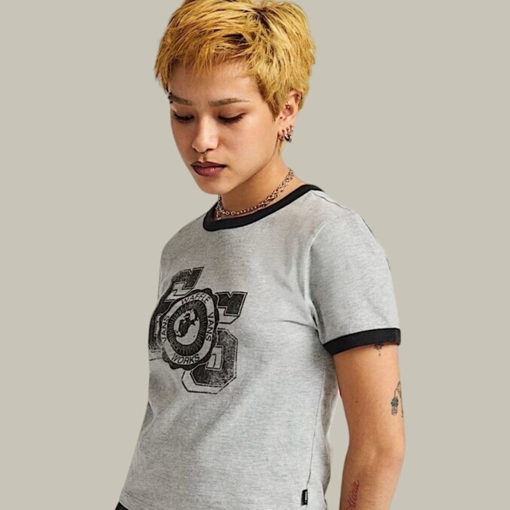 Vans Campus Tour Ringer Graphic Tee Heather Gray Black Trim Women's Size XL NEW